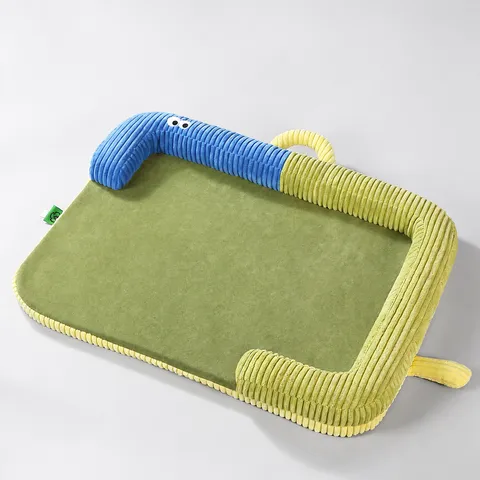 Cute Cartoon Eyes Corduroy Pet Bed Mat With Neck Protection Pillow Handle Removable Washable Dog Cushion For Small Medium Dogs Cats Home Indoor
