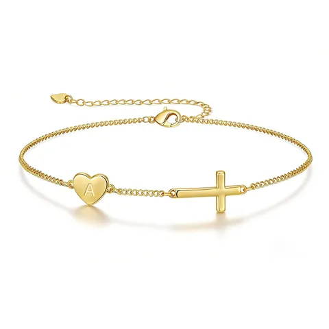 Bracciale Iniziale Croce Cuore Per Donna Oro Argento Placcato Rame Regolabile Lettera A-Z Ciondolo Catena Gioielli Moda