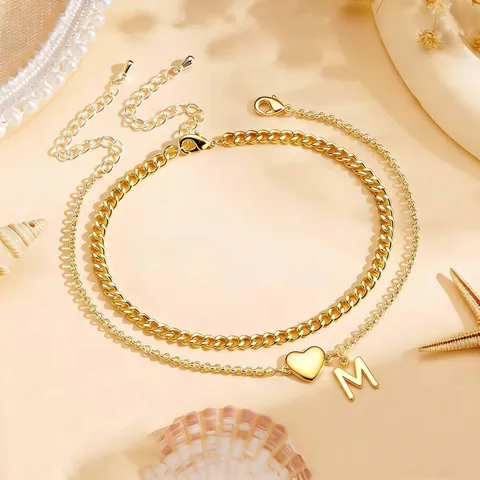 Fashion Copper Double Layer Anklet For Women Gold Plated Initial Letter Heart Charm Cuban Link Chain Beach Vacation Jewelry