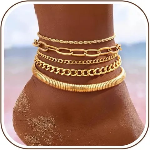 Bohemian Stainless Steel Multilayer Anklet For Women Girls Beach Vacation Cuban Link Chain Rhinestone Foot Jewelry