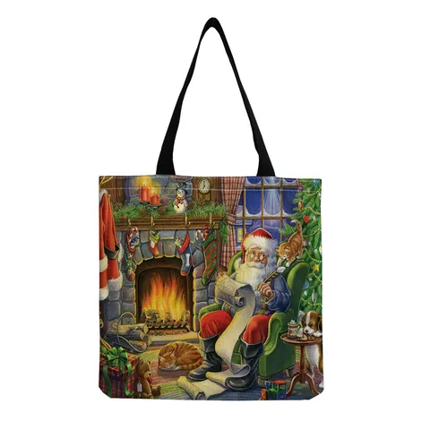 Borsa Shopping in Lino Con Stampa Babbo Natale di Natale Borsa a Spalla Capiente Vintage Con Scena Innevata da Donna
