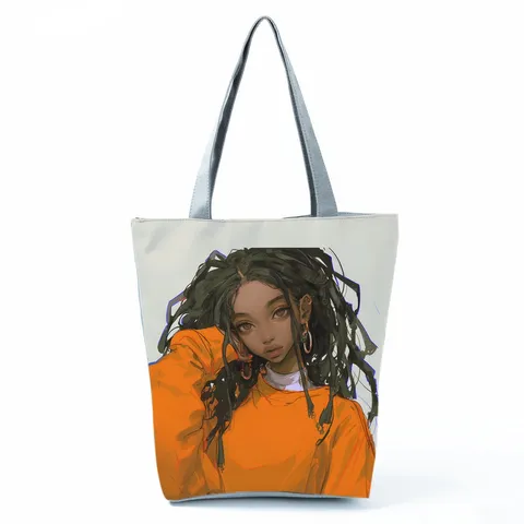 Anime Black Girl Printed Tote Bag Fashion Polyester Canvas Shoulder Bag Large Capacity Shopping Handbag For Women