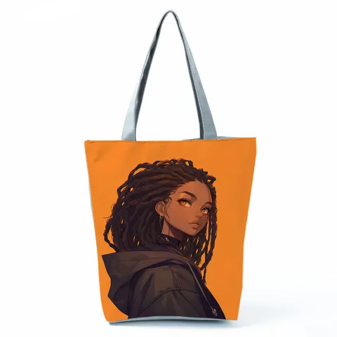 Anime Black Girl Printed Tote Bag Fashion Polyester Canvas Shoulder Bag Large Capacity Shopping Handbag For Women