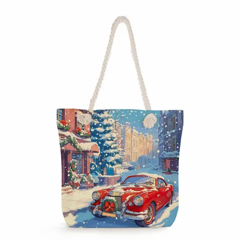 Weihnachten Weihnachtsmann Druck Leinen Tragetasche Festliche Schneeszene Rentier Canvas Schultertasche Geschenkbeutel Handtasche