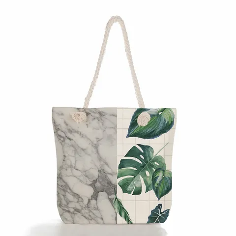 Women Large Capacity Tote Bag Linen Canvas Shoulder Bag Rope Handle Marble Green Leaf Floral Print Shopping Handbag Travel Beach Bag