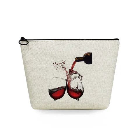 Linen Cosmetic Bag Zipper Pouch Portable Toiletry Organizer Wine Glass Butterfly Print Travel Makeup Bag Coin Purse For Women