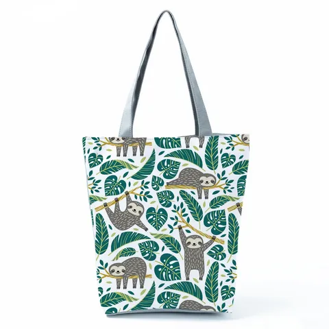 Cute Cartoon Sloth Plant Print Polyester Tote Bag Casual Shoulder Handbag Travel Shopping Bag For Women Jewelry Everyday Large