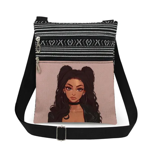 Cute Black Girl Print Canvas Crossbody Bag Casual Double Zipper Messenger Shoulder Bag Lightweight Handbag For Women