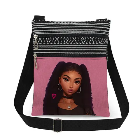 Cute Black Girl Print Canvas Crossbody Bag Casual Double Zipper Messenger Shoulder Bag Lightweight Handbag For Women