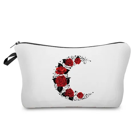 Portable Travel Cosmetic Bag Valentine Floral Printed Makeup Pouch Polyester Zipper Wash Bag Rose Pattern Toiletry Organizer