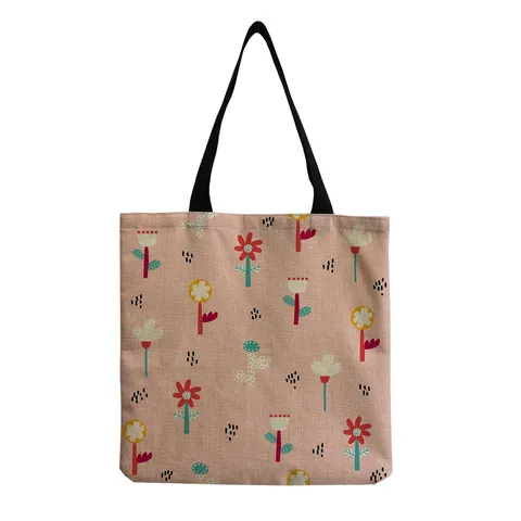 Borsa Tote Ecologica in Misto Cotone e Lino Stampa Floreale a Cartone Animato Borsa della Spesa Riutilizzabile Casual Tracolla per Uso Quotidiano