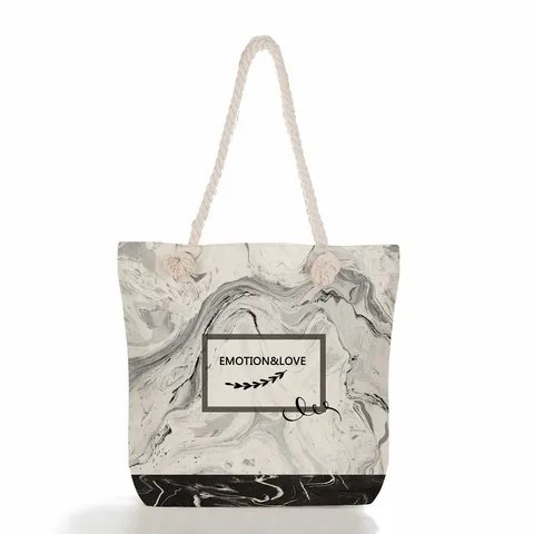 Women Large Capacity Tote Bag Linen Canvas Shoulder Bag Rope Handle Marble Green Leaf Floral Print Shopping Handbag Travel Beach Bag