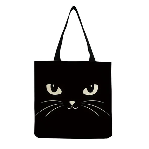 Casual Cotton Linen Tote Bag Cartoon Cat Animal Floral Pattern Printed Shoulder Bag Large Capacity Multi Function Grocery Shopping Bag Eco Friendly Handbag For Women School College