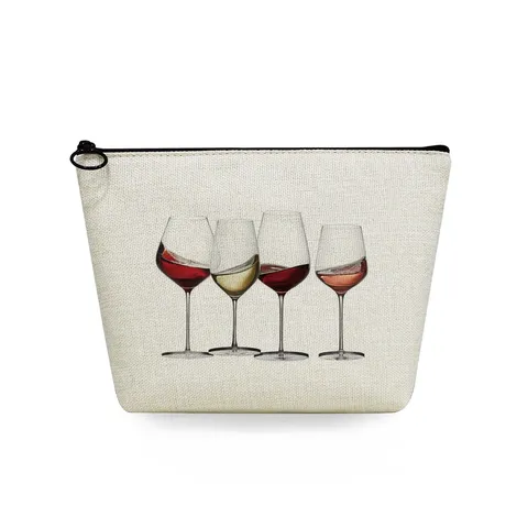 Linen Cosmetic Bag Zipper Pouch Portable Toiletry Organizer Wine Glass Butterfly Print Travel Makeup Bag Coin Purse For Women
