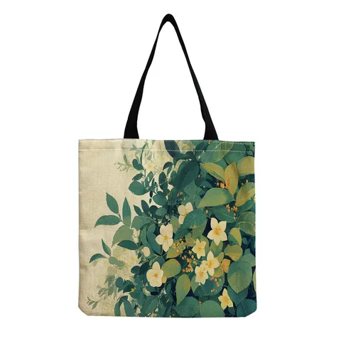 Leinen Tote Tasche Damen Grünes Blatt Blumendruck Umweltfreundlich Faltbar Einkaufstasche Wiederverwendbare Schultertasche Botanisch Reisen