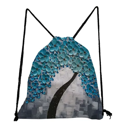 Artistic Oil Painting Tree Print Drawstring Bag For Women Lightweight Polyester Casual Backpack Portable Travel Storage Pouch Floral Pattern String Bag