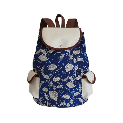 Classical Chinese Blue And White Porcelain Print Canvas Backpack Vintage Drawstring Flap School Bag Travel Backpack For Women Girls