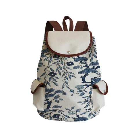Classical Chinese Blue And White Porcelain Print Canvas Backpack Vintage Drawstring Flap School Bag Travel Backpack For Women Girls