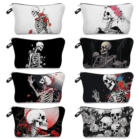 Gothic Rose Skull Digital Printed Makeup Bag Polyester Travel Toiletry Organizer Pouch Lightweight Durable Wash Bag With Side Handle
