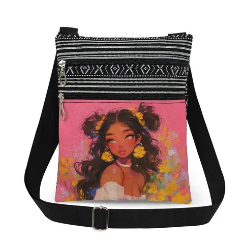 Fashion Canvas Women Crossbody Bag Double Zipper Black Girl Print Messenger Bag Striped Splicing Shoulder Bag Casual Travel Handbag