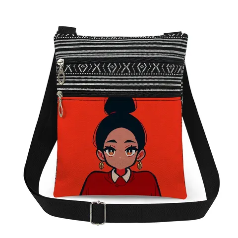 Women Casual Canvas Crossbody Bag Cartoon Girl Anime Print Double Zipper Adjustable Strap Lightweight Shoulder Bag Travel Purse Messenger Bag