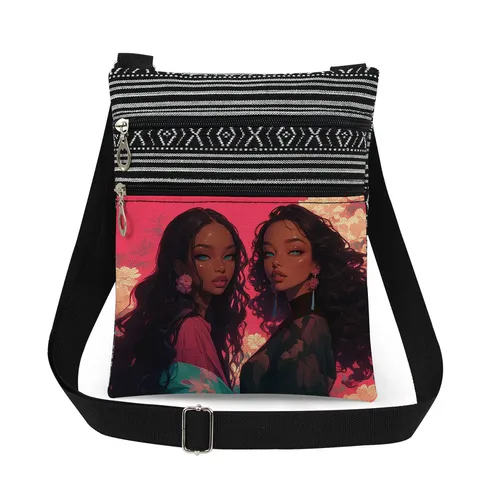 Fashion Canvas Women Crossbody Bag Double Zipper Black Girl Print Messenger Bag Striped Splicing Shoulder Bag Casual Travel Handbag