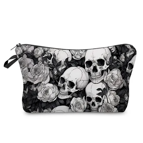 Gothic Rose Skull Digital Printed Makeup Bag Polyester Travel Toiletry Organizer Pouch Lightweight Durable Wash Bag With Side Handle