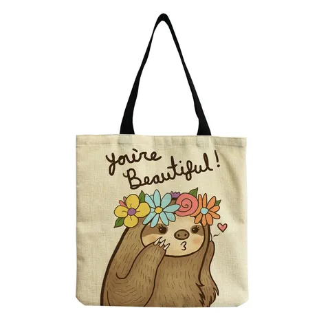 Simpatica Bradipo Stampato Borsa Tote in Lino Animale Cartone Animato Spalla Borsa a Mano Grande Capacità Riutilizzabile Spesa per Viaggio Casual Quotidiano Donna Uomo