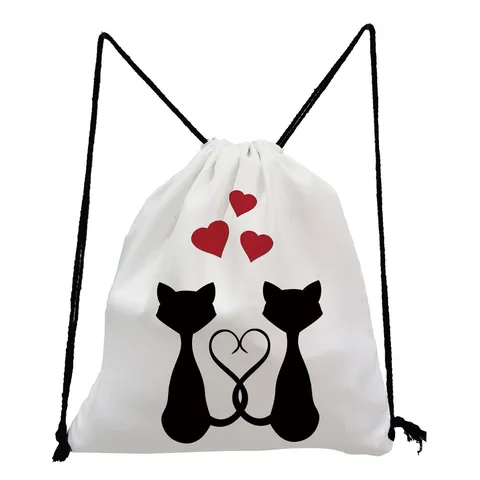 Cute Cartoon Cat Heart Drawstring Bag Casual Polyester Lightweight Travel Backpack School Sport Backpacks For Teens Unisex