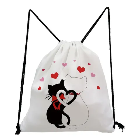 Cute Cartoon Cat Heart Drawstring Bag Casual Polyester Lightweight Travel Backpack School Sport Backpacks For Teens Unisex