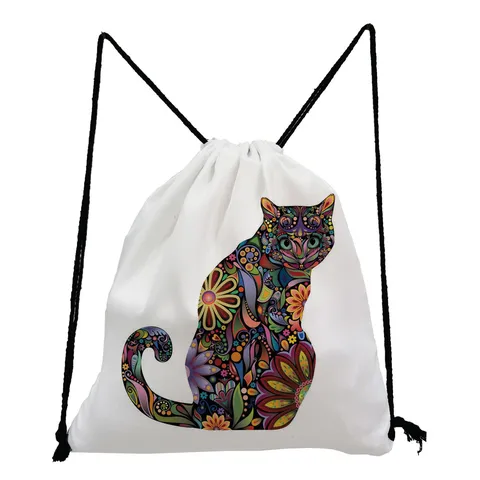 Sac à Dos à Cordon en Polyester Mignon Chat Chien Animal Imprimé Floral Résistant à l'Usure Sport Sackpack Sac de Gym pour Étudiants