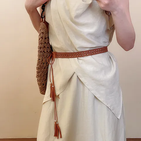 Chaîne de Taille Tissée Ethnique Bohème pour Femmes Tissu Bois Perles Gland Étoile de Mer Géométrique Cœur Ceinture Bijoux