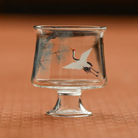 Modern Minimalist Clear Glass Teacup Chinese Style Pine Crane Pattern High Foot Personal Kung Fu Tea Cup Host Tasting Cup