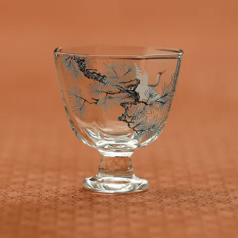 Heat Resistant Glass Tea Cup With Pine And Crane Pattern High Foot Kung Fu Tea Tasting Master Cup For Home Kitchen