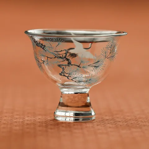 Modern Chinese Style Transparent Glass Kung Fu Teacup Pine Crane Pattern High Foot Personal Master Cup Office Tea Drinkware
