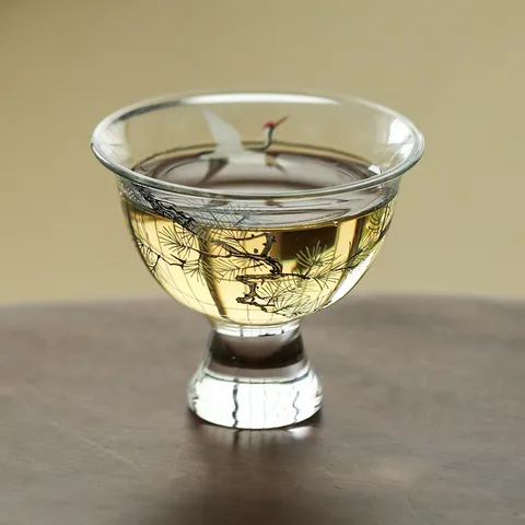 Modern Chinese Style Transparent Glass Kung Fu Teacup Pine Crane Pattern High Foot Personal Master Cup Office Tea Drinkware