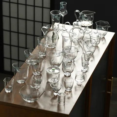 Tasse à Thé en Verre Style Chinois Pin et Grue Set Tasse en Verre Borosilicate Master Kung Fu Bol à Thé Articles Ménagers