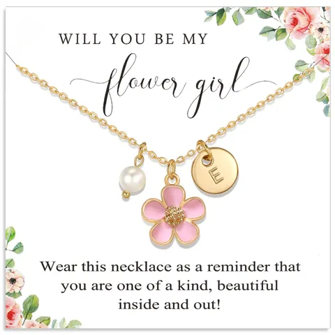 Estetica Collana con Iniziale in Smalto Rosa e Perla Artificiale in Rame Placcato Oro con Ciondolo a Fiore per Donna e Ragazza Regalo
