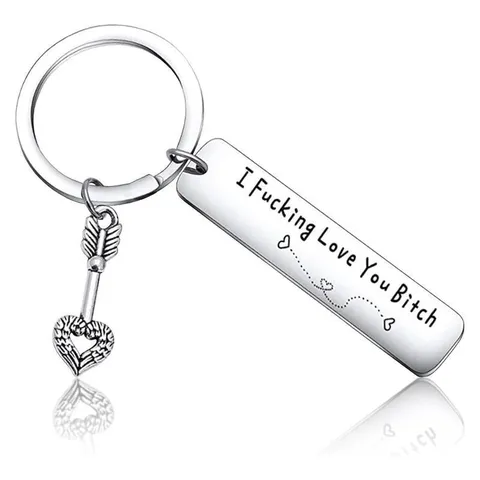 Fashion Stainless Steel Engraved Bar Keychain With Arrow Angel Wings Heart Pendant Funny Novelty Metal Key Ring Gift For Couples Friends