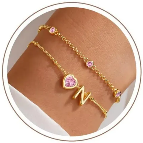 Dolce Braccialetto a Catena a Strati in Rame con Strass da Donna Regolabile Doppio Strato Tonalità Oro Cuore Lettera Iniziale Alfabeto Gioielli Regalo di Compleanno