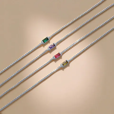 Women Copper Rectangular Birthstone Bracelet Gold Silver Plated Thin Box Chain Rhinestone Geometric Link Bracelet Daily Jewelry