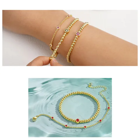 Fashion Minimalist Copper Gold Beads Layered Birthstone Elastic Bracelet Elegant Geometric Rhinestone Beaded Charm Strand Bangle Jewelry Gift for Women