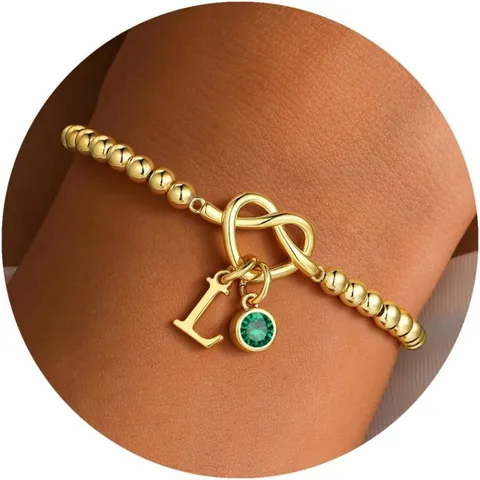 Bracciale Iniziale con Nodo a Cuore per Donna Bracciale in Rame Placcato Oro con Pietra Natales Strass e Ciondolo Alfabeto Inglese Gioielli