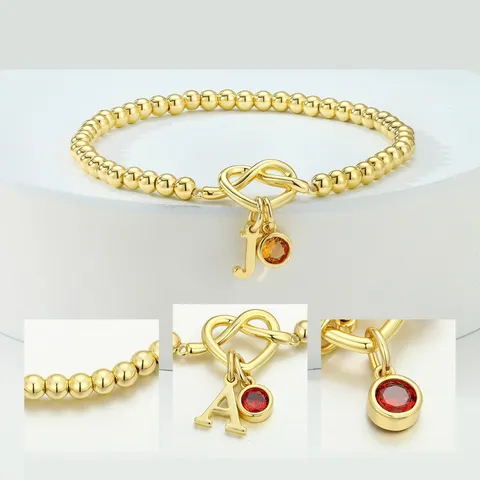 Bracciale Iniziale con Nodo a Cuore per Donna Bracciale in Rame Placcato Oro con Pietra Natales Strass e Ciondolo Alfabeto Inglese Gioielli