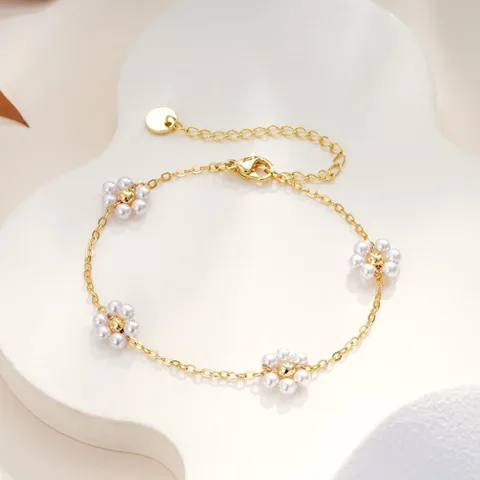 Elegant Copper Chain Bracelet For Women Gold Color Thin Link Metal Chain Bracelet With Artificial Pearl Rhinestone Charms Vintage Elegant Style Girls Jewelry Gift