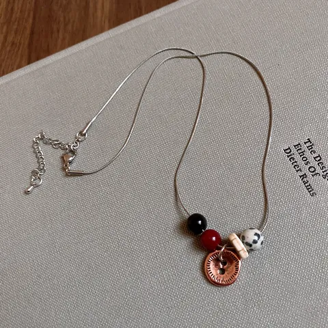 Collana di Perline in Pietra Maculata in Acciaio Inossidabile Choker con Ciondolo a Bottone Vintage Gioielli di Moda per Donna