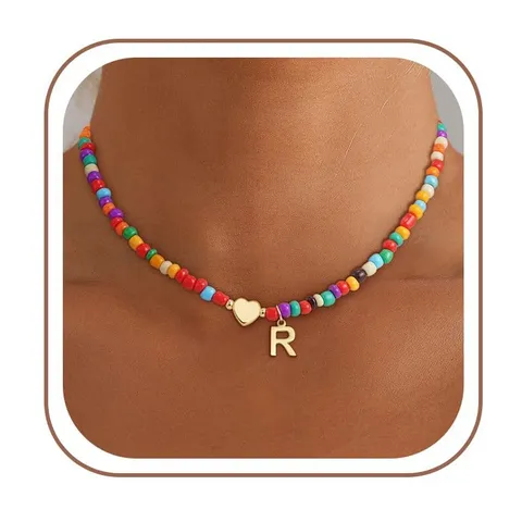 Collana di Perline Colorate Bohémien per Donna Stile Dopamina Pendente Alfabeto Ciondolo a Cuore Gioielli di Moda Catena