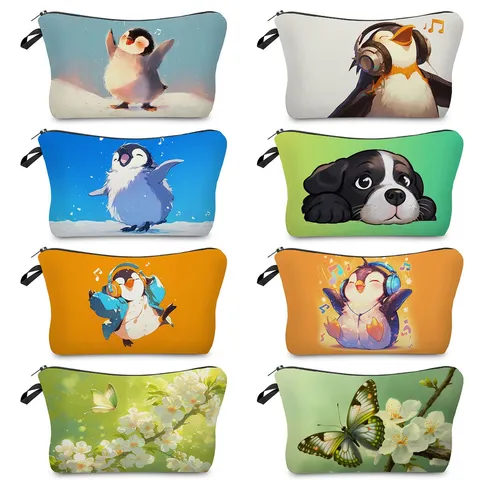 Borsa Cosmetica Con Stampa Animale In Poliestere Beauty Case Portatile Pinguino Pochette Per Trucco Da Viaggio Con Cerniera