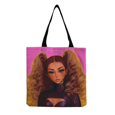 Grand Sac Cabas Femme en Lin Décontracté Imprimé Fille Noire Impression Numérique Haute Définition Sac de Course Écologique Pliable à Épaule