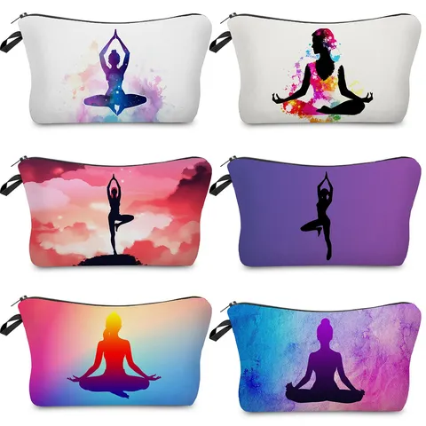 Elegant Polyester Makeup Bag Elegant Women Toiletry Organizer With Zipped Closure Digital Printed Yoga Silhouette Pattern Casual Handheld Cosmetic Clutch Purse